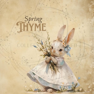 May include: A white rabbit wearing a blue dress and a flower crown holds a bouquet of purple and white flowers. The background is a vintage-style paper with the text "Spring Thyme" in brown lettering.