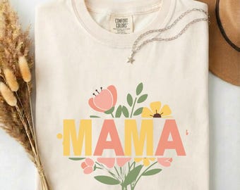 Floral Mama Shirt, Minimalist Flower Graphic Tee, Mother's Day Gift, Comfort Colors Tshirt