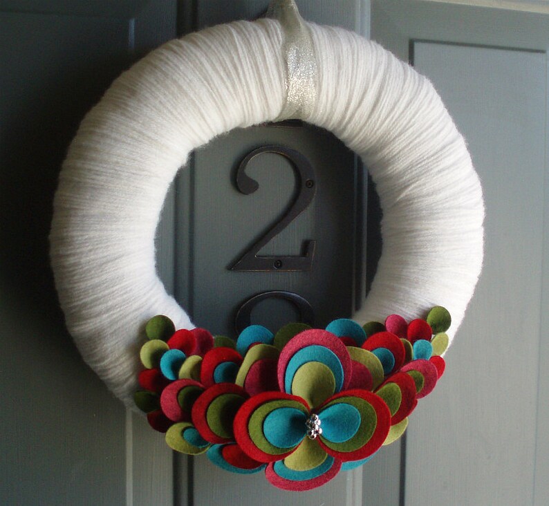Felt Flower Wreath / Floral Wreath / Yarn / Farmhouse / Modern Etsy
