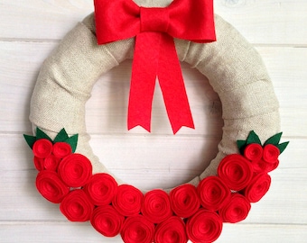 Linen Wreath Felt Handmade Decoration - Rosettes 12in