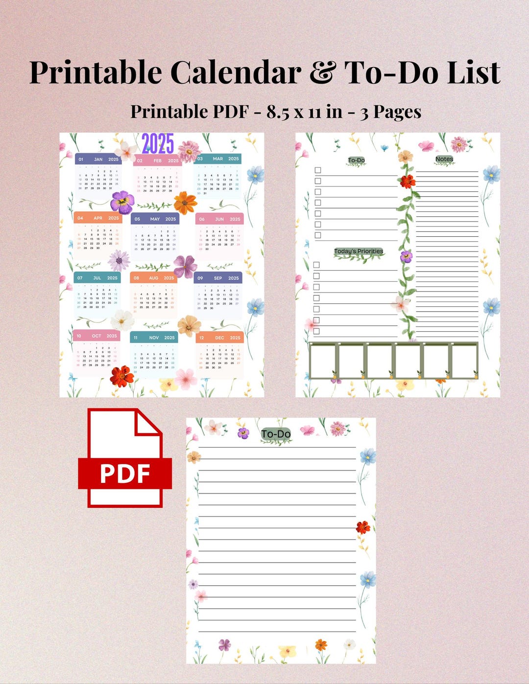 Calendar & To-do List Bundle, Printable Planner, Flower, 2025, Task ...
