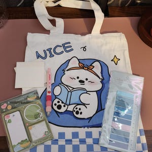 May include: A white canvas tote bag featuring a blue checkered bottom and a graphic of a white bear reading a blue book with the text NICE. The set includes a green frog-themed notepad, a pink pen, a blank white note, and a pack of blue sticky tabs.