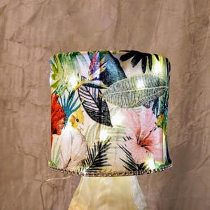 Tropical Jungle Print with Rhinestone Trim ~ Battery Operated LED Lighted Lampshade. 5&quot;H  Drum style
