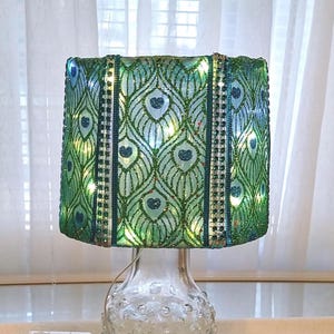 Sheer Aqua and Green Iridescent and Glitter w/ Blue Rhinestone Inserts  ~ Battery Operated LED Lighted Lampshade. 5"H  Drum style