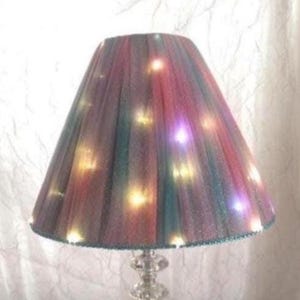 Deep Pastels, Pink, Purple and Aqua Sparkle Tulle with Rhinestone Trim ~ Battery w/Timer Lighted Lampshade ~ 8.5" Height Uno Fitter
