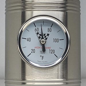 Stainless Steel Cooler Can Cozy with Racecar Engine Piston Design and Coolant Temperature Gauge
