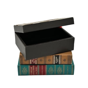 Könnte beinhalten: Eine schwarze rechteckige Box mit leicht geöffnetem Deckel, die auf einem Stapel von zwei antiken Büchern ruht. Die Bücher sind braun und türkis mit goldener Schrift und dekorativen Mustern. Die Box hat ein schwarzes Innere.