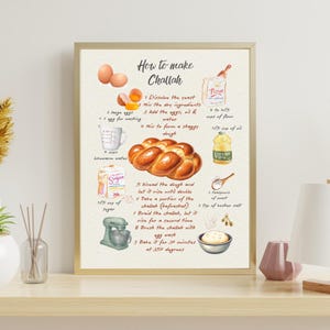 Pode incluir: Uma impressão emoldurada com ilustrações em aquarela e texto detalhando como fazer pão Challah. A imagem inclui ingredientes como ovos, farinha e óleo, junto com um pão acabado. O texto diz "How to make Challah".