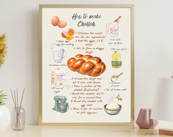Watercolor Challah Recipe Print | Illustrated Baking Guide (Digital Download) | Shabbat Kitchen Decor & Jewish Gift