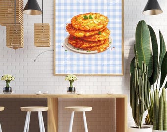 Retro Latkes Art Print | Blue Gingham Chanukah Kitchen Poster | Jewish Food Illustration | Digital Hanukkah Decor
