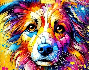 Op de afbeelding: Een kleurrijk abstract schilderij van een hondenkop. De hond heeft een witte snuit met een blauwe neus en bruine ogen. De vacht is geschilderd in tinten rood, oranje, geel, blauw en paars.