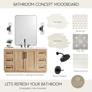 Moodboard/Diseño de interiores/Diseño de baños/Servicios de diseño de interiores/Baño tipo spa/Baño personalizado/Baño moderno en blanco neutro y negro