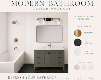 May include: Modern bathroom design package with a green vanity, black hexagon floor tiles, and warm brass fixtures. The image includes a mirror, a bathtub, and the text "Modern Bathroom Design Package".