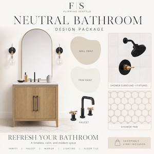 Puede incluir: Un paquete de diseño de baño neutro con un tocador de madera, grifos negros y un cabezal de ducha negro. La imagen incluye muestras de pintura, un espejo y el texto "NEUTRAL BATHROOM DESIGN PACKAGE".