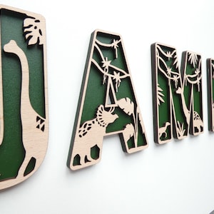 Dinosaur Themed Wooden Letters | Dino Theme Wooden Name Decoration | Personalised Name Sign | Children's Bedroom Playroom Wall Art