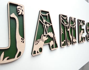 Dinosaur Themed Wooden Letters | Dino Theme Wooden Name Decoration | Personalised Name Sign | Children's Bedroom Playroom Wall Art