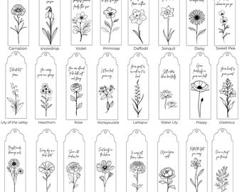Birth Flower Bookmark SVG, Printable Line Art Template, 24 Birth Month Flowers PNG, Cricut Cut File, Digital Download