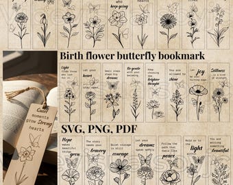 Plantilla de diseño de marcapáginas con flores del mes de nacimiento en formato SVG para corte láser. Descarga digital de marcapáginas imprimibles.