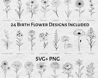 Paquete de archivos SVG de flores de nacimiento, 24 imágenes prediseñadas de flores de los meses de nacimiento, arte lineal minimalista floral SVG PNG, archivo de corte botánico para Cricut, descarga digital