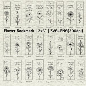 Segnalibro con fiore di nascita in formato SVG e PNG, regalo per amanti dei libri, 24 fiori del mese di nascita, modello di segnalibro minimalista con linee, download digitale per Cricut.