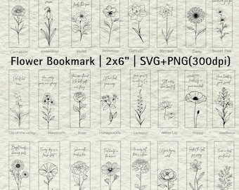 Birth Flower Bookmark SVG PNG, Book Lover Gift, 24 Birth Month Flowers, Minimalist Line Art Bookmark Template, Cricut Digital Download