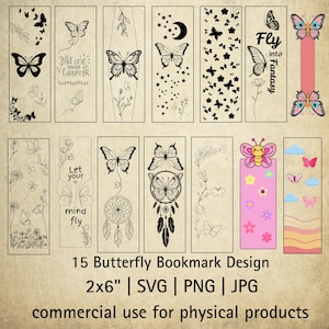 Butterfly Bookmark SVG Bundle: 15 Line Art Designs (2x6" Templates, Digital Download)