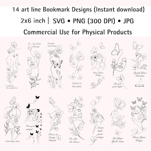 Linie Kunst Frauen Lesezeichen Designs SVG-Datei Laser Gravur Vorlage Cricut Glowforge Druckbare Lesemarkierung