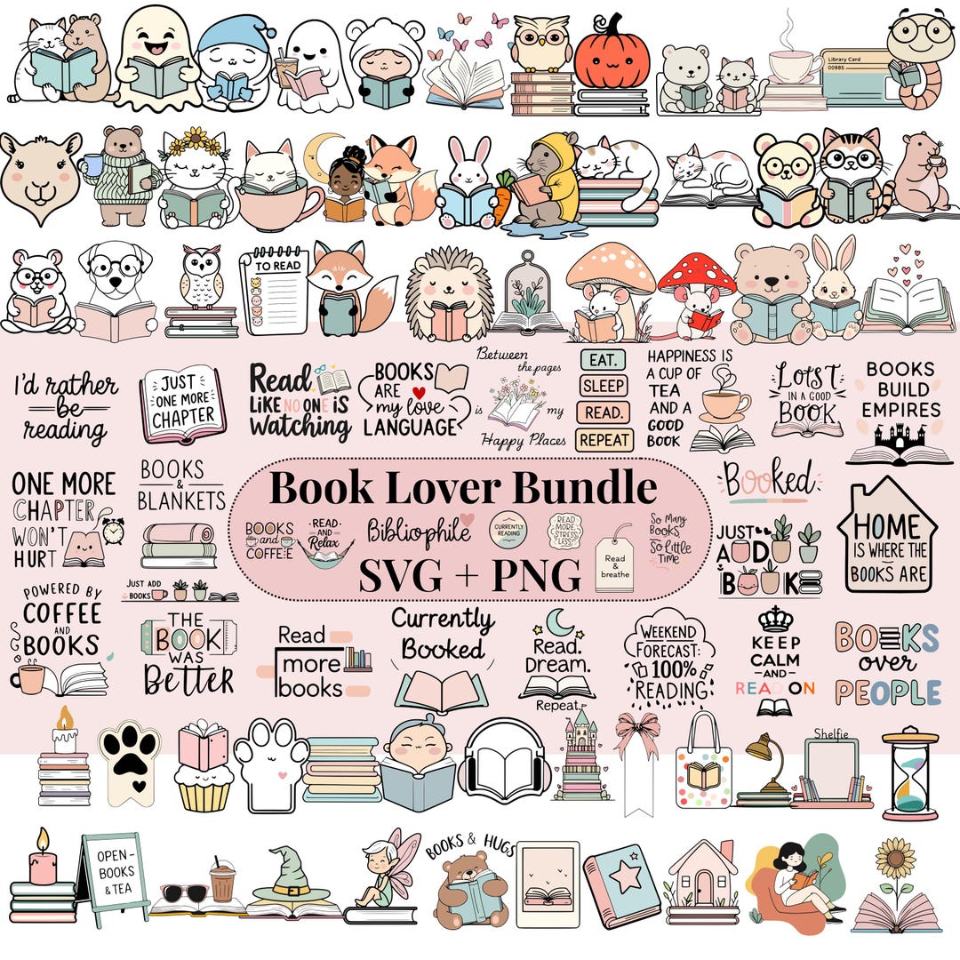 Bookish SVG PNG Bundle - Reading Clipart for Cricut, Printable Stickers ...