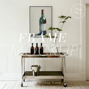 DIN A Black Frame Photoshop PSD Mockup with Trendy Chrome Bar Cart, ISO Frame Mockup Template for Art and Prints Display, Elegant Mockup