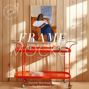 DIN A Wood Frame Photoshop Mockup with Midcentury Red Bar Cart, ISO Frame PSD Mockup for Cocktail Wall Art and Prints, Boho Bar Cart Mockup