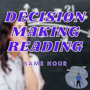 May include: A woman is thinking about a decision. The text "DECISION MAKING READING SAME HOUR" is written on a chalkboard behind her. A cartoon illustration of a person standing at a crossroads with a signpost is in the bottom right corner.