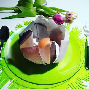 Può includere: Un uovo marrone si trova all'interno di un tovagliolo di carta bianco piegato a forma di fiore. Il tovagliolo è su un piatto verde con un bordo a frange. Il piatto è su una superficie bianca.