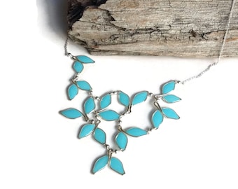 Silver Leaf Bib Necklace Turquoise | Flower Bib Necklace | Statement Necklace | Bridal Necklace | Wedding Necklace | Floral