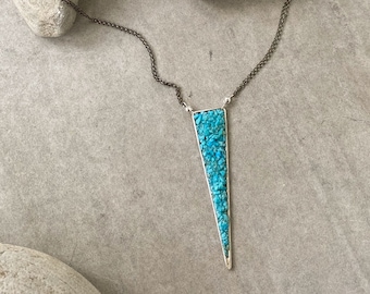 Sterling Silver Turquoise Triangle Pendant Necklace | Crushed Turquoise Statement Necklace