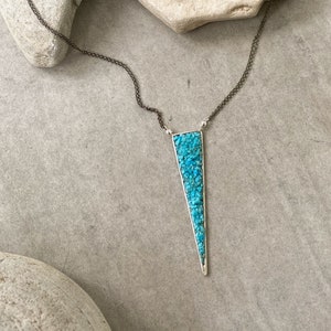 Sterling Silver Turquoise Triangle Pendant Necklace | Crushed Turquoise Statement Necklace
