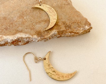 Large Crescent Moon Earrings Hammered Brass or Sterling Silver