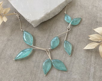 bib necklace online Clear Blue Statement Necklace | Gold Leaf Necklace | Silver Floral Necklace | Blue and Gold Necklace | Clear Sky Blue Wedding Necklace