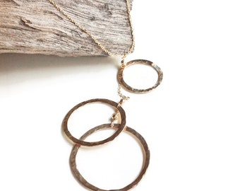 Elafri Hammered Three Circle Drop Necklace | Gold Circle Necklace | Circle Pendant Necklace | Silver Open Circle Necklace