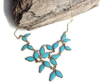 Gold Leaf Bib Necklace: Turquoise Resin Floral Statement Necklace