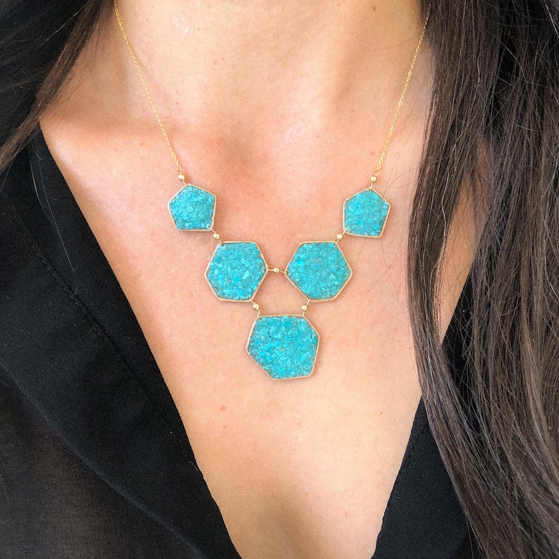 Turquoise Geometric Druzy Bib Necklace Turquoise Statement Necklace image 2