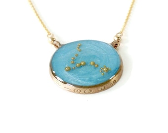 Gold Pisces Constellation Necklace: Sky Blue Resin Pendant
