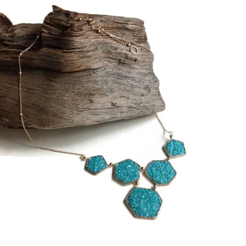 Turquoise Geometric Druzy Bib Necklace Turquoise Statement Necklace image 1