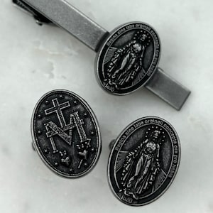 Antiqued Silver Catholic Marian Cuff Links and Tie Bar Catholic Ties