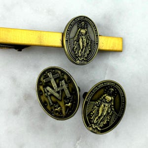 Antiqued Gold Catholic Marian Cuff Links and Tie Bar Catholic Ties