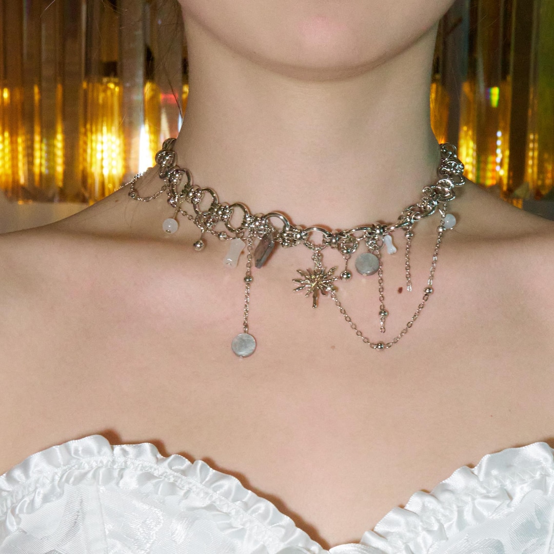 Celestial Steampunk Charm Choker, Gothic Starburst Necklace, Layered Silver Chain Jewelry, Y2K Punk Aesthetic Statement Choker - Etsy Japan
