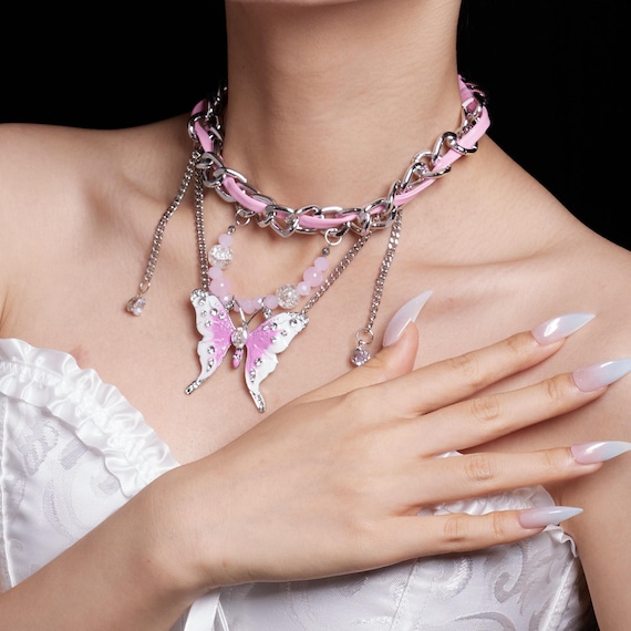 Pink Butterfly Choker Y2K Kawaii Collar Glitter Fairy Jewelry