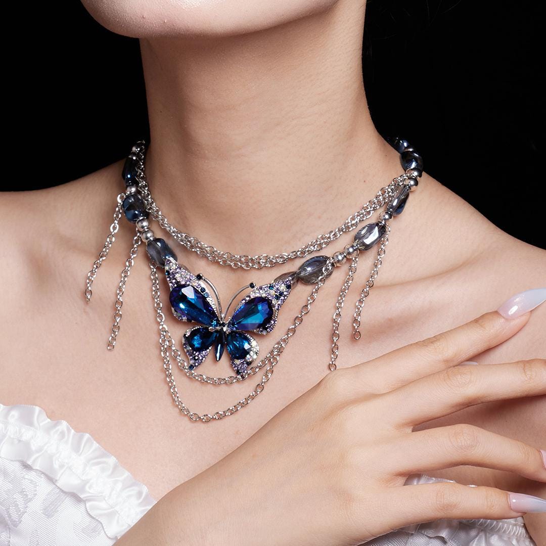 Y2K Blue Butterfly Choker 2000s Nostalgia Collar Cyber Fairy