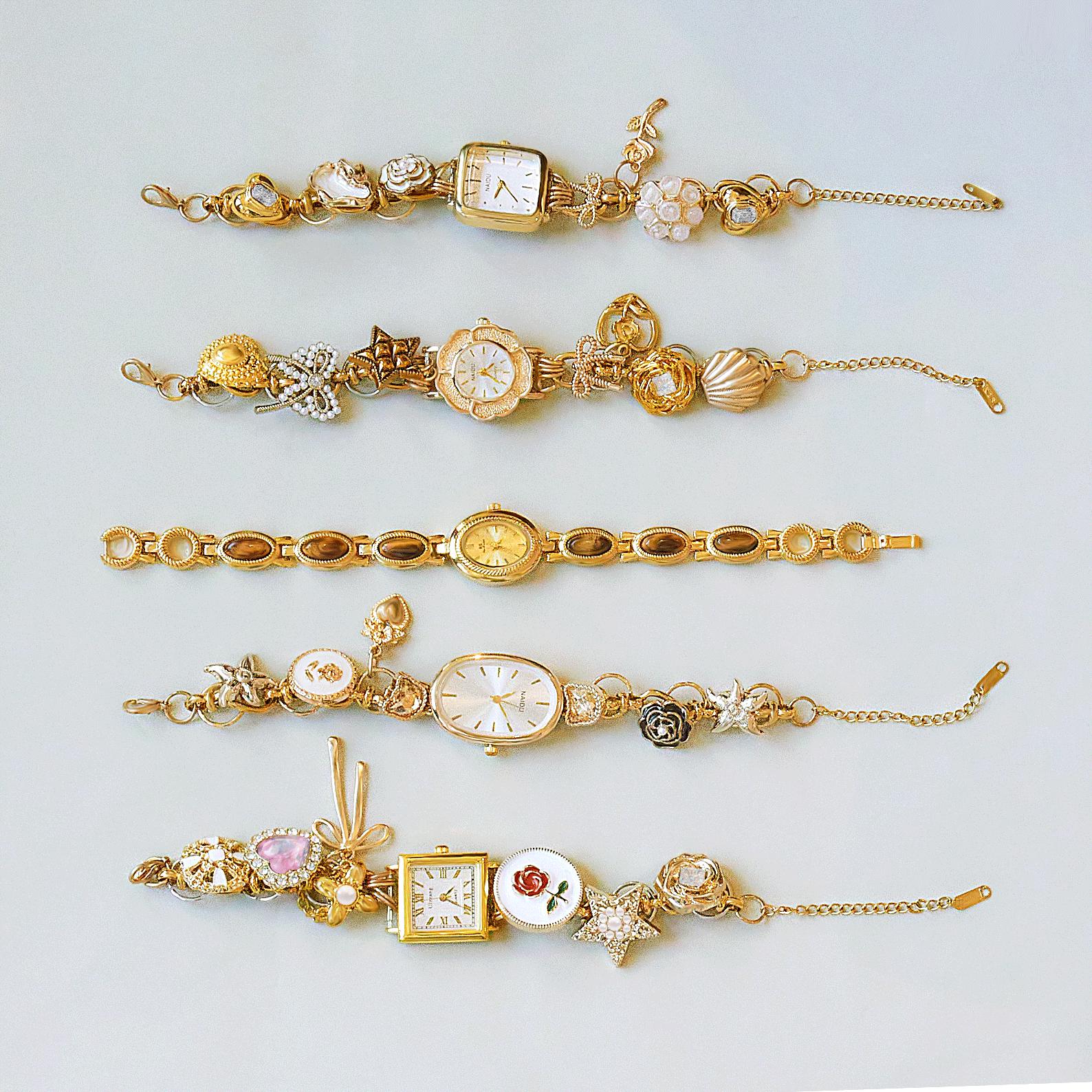 Handmade Vintage Gold Watch Bracelet, Elegant Gold Chain Watch Bracelet, Tiger Eye Charm, Punk Timepiece Bracelet, Perfect Retro Watch Gift