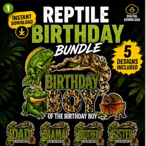 Puede incluir: Un paquete gráfico de descarga digital con temática de reptiles. El diseño presenta una iguana verde, una serpiente y un cocodrilo. El texto incluye "Reptile Birthday Bundle", "Birthday Boy" y "5 Designs Included".