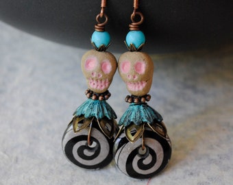 Halloween Skull Earrings, Day of Dead Macabre Earrings, Artisan Ceramic Earrings, Spooky Spiraling Pink Skull Earrings, Clearance